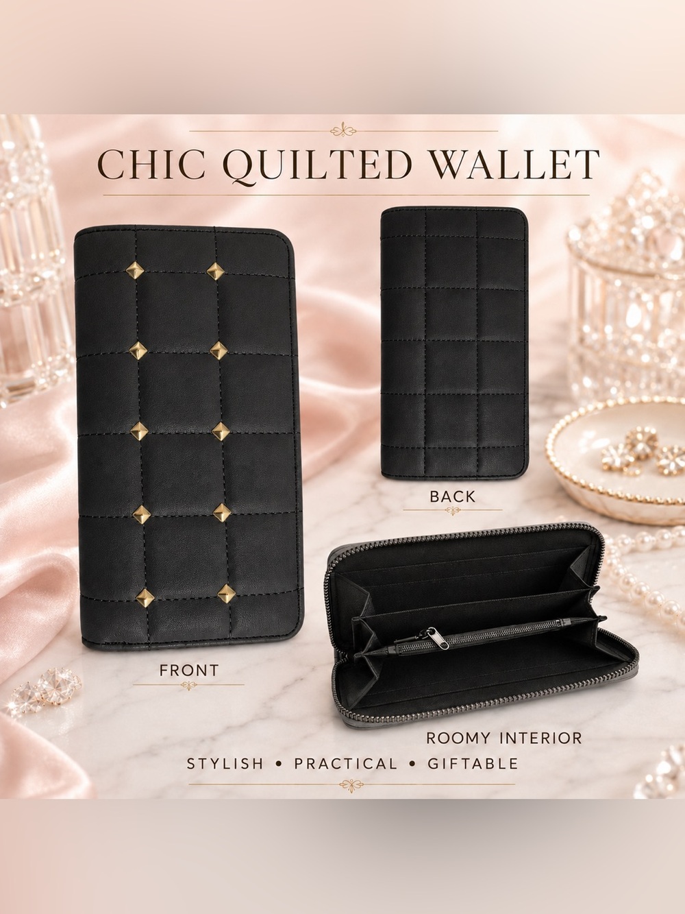 Quilted Black Wallet with Gold Stud Accents
